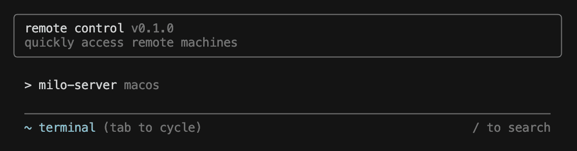 rc terminal UI showing machine picker